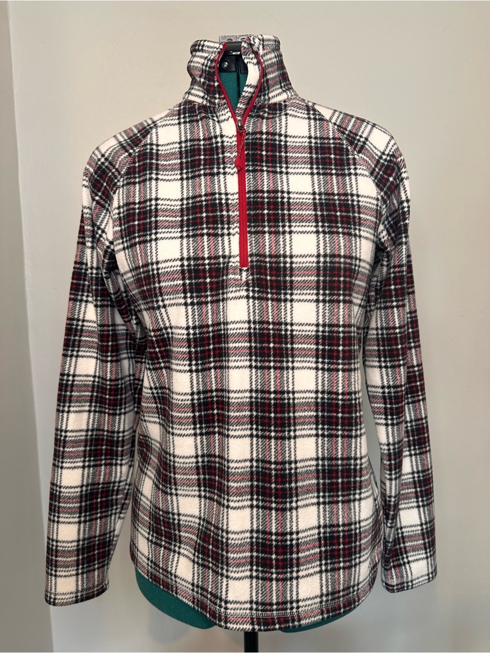 Eddie Bauer Black, White & Red Plaid Fleece Pullover quarter zip